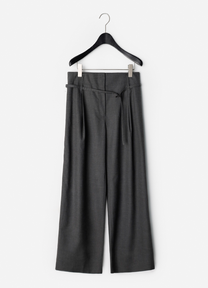 質感混毛斜紋腰帶直筒褲